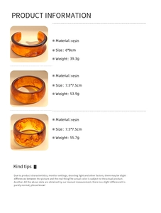 Detailed specs of geometric resin bangles showing amber patterns and material dimensions