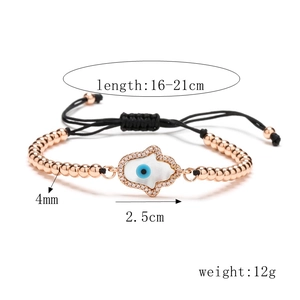 Rose gold copper bead Evil Eye bracelet with shell inlay and adjustable black cord