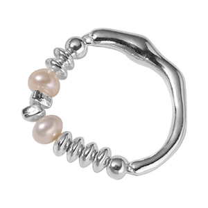 Minimalist S925 sterling silver beaded ring with pink pearls and irregular band