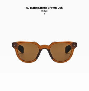 Detail view of oval leopard pattern sunglasses with transparent brown frame and metal rivets