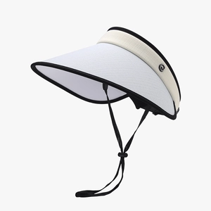 Minimalist open-top sun hat in cream and white with black trim and windproof cord