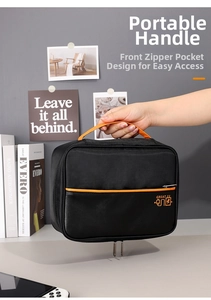 Detail of portable electronics organizer bag with orange handle and front zipper pocket