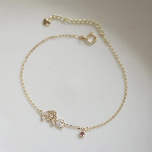 925 silver 14K gold plated rose flower bracelet with purple zircon and heart pendant
