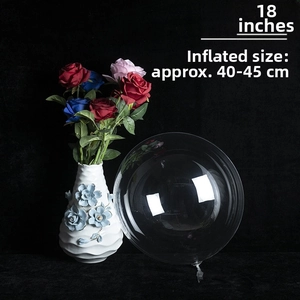Detail of 18 inch transparent balloon showing 40-45cm diameter size with floral background