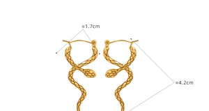 Detail showing snake earrings dimensions of 4.2cm length and 1.7cm width with gold texture