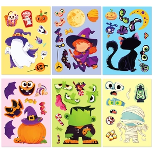 6-pack Halloween DIY cartoon stickers featuring ghost, pumpkin and witch motifs for kids