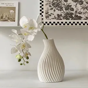 Nordic Minimalist Ceramic Vase Modern Handcrafted Matte Ribbed Spiral Wave Texture Decorative Flower Pot For Home Office Table Decor