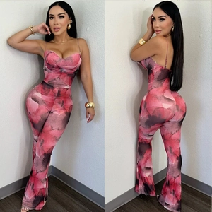 Women Abstract Print Mesh Jumpsuit Spaghetti Strap Backless Flared Leg Sexy Slim Fit Streetwear Bodycon Jumpsuit