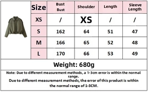 Size guide for women's bomber jacket with bust, shoulder and sleeve measurements in cm