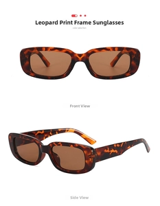 Detail view of retro rectangle sunglasses featuring leopard print frame and brown lenses