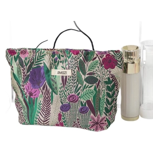 Floral embroidery cosmetic bag with Jimeizi brand label and portable drawstring handle