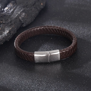 Men's braided leather bracelet with silver magnetic stainless steel buckle in dark brown