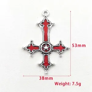 Gothic silver inverted cross pendant with red star enamel, 53mm x 38mm size measurement