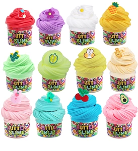 Detailed grid of 12 colorful butter slime jars with assorted cute fruit and animal charms