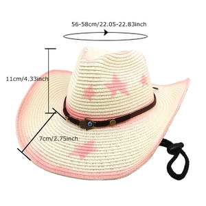 Western straw cowboy hat with pink stars and ethnic bead strap shown with dimensions
