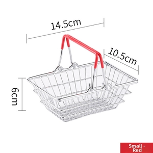 Small metal wire desk storage basket with red handle grips, size 14.5x10.5x6cm