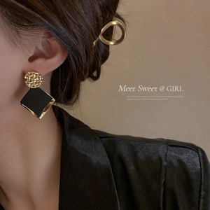 Vintage Geometric Square Earrings With Silver Earring Post Alloy Gold Plated Black Sequins French Style For Women