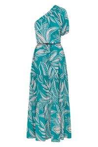 Dettaglio dell'abito monospalla verde acqua con stampa tropicale rosa e gonna a balze