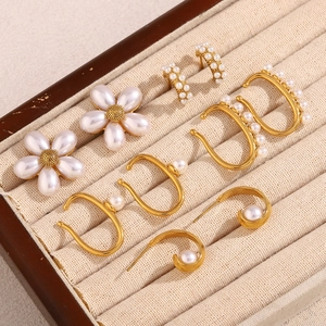 French Style Flower Earrings Stainless Steel 18K Gold Plated Imitation Artificial Pearl Geometric Elegant Jewelry For Women