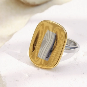 Minimalist 18K gold plated stainless steel ring with silver sand texture on white stone
