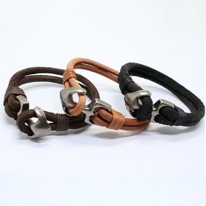 Men Leather Bracelet Nautical Anchor Buckle Woven Braided Cowhide Wristband Vintage Jewelry Retro Punk Handmade Jewelry For Men