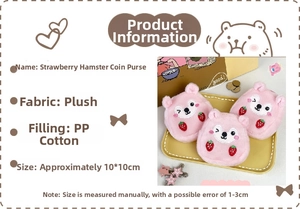 Detail view of plush strawberry hamster pouches with embroidery and soft texture