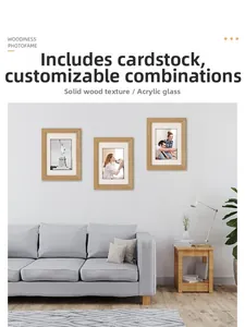 Close-up of solid wood photo frame set with organic glass and white mat on a modern grey wall