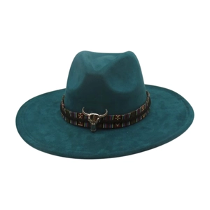 Western Cowboy Fedora Hat For Women Men Wide Brim Sun Hat With Ethnic Woven Band And Metal Bull Head Skull Vintage Boho Performance Hat