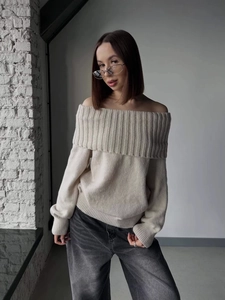 Oatmeal off-the-shoulder knit sweater with ribbed fold-over collar for a chic look