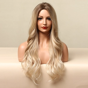 Detail view of long wavy synthetic wig with ombre gold brown gradient and dark roots