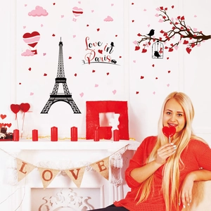 Romantic Paris Eiffel Tower wall stickers with red hearts and tree branch decor