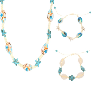 Bohemian summer ocean jewelry set featuring woven starfish, seashell and turtle charms