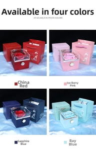 Rotating soap rose jewelry box available in four colors with matching gift bag and ribbon