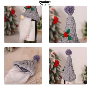Détails de la housse de bouteille de vin gnome de Noël en tricot gris avec barbe blanche