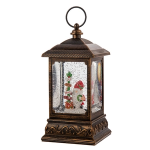 Vintage bronze Christmas lantern snow globe with Santa and glowing LED light decoration