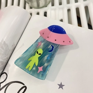 Pince à cheveux Alien OVNI en acétate avec strass roses et texture marbrée chic