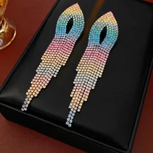 Rainbow Gradient Rhinestone Long Tassel Earrings With Silver Earring Post Copper Luxury Statement Jewelry For Women