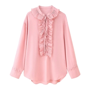 Detail of pink long-sleeved shirt featuring ruffled collar and lace-up chest stitching