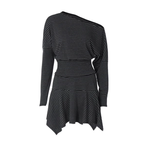 Detail of grey striped off-shoulder top and asymmetrical hem skirt set with slim fit waist
