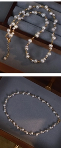 Detailed close-up of woven freshwater pearls and gold beads on a chic titanium necklace