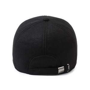 Rear view of black wool baseball cap with adjustable silver metal buckle and thick fabric