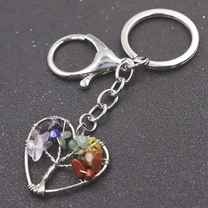Detailed view of handmade tree of life keychain with multi-color natural crystal stones