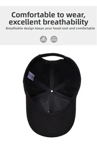 Detail of inner six-panel structure and breathable wash label of black cotton baseball cap