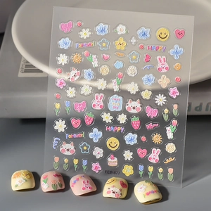 5D Relief Nail Art Stickers Cute Cartoon Animal Flower 3D Embossed Waterproof DIY Manicure Decoration For Women Girls
