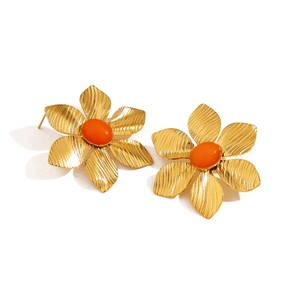 French vintage style gold flower earrings with 18K gold plating and orange natural stone