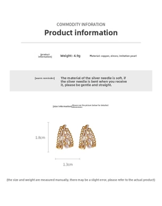 Detailed view of pearl earrings with copper zircon and silver needles, 1.8cm x 1.3cm