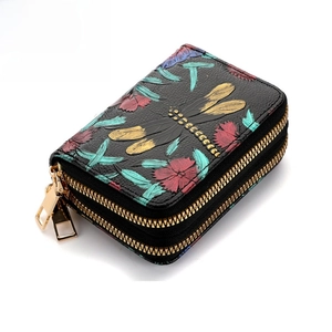 Porte-Cartes Femme en Cuir PU Protection RFID Peint à la Main Gaufré Floral Libellule Double Fermeture Éclair Grande Capacité