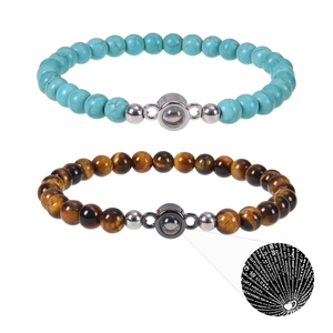Gemstone Beaded Bracelet With Multi-Language I Love You Projection Alloy Heart Pendant Adjustable Elegant