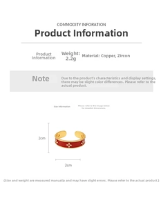 Detail view of 18k gold plated open ring featuring red enamel flower and zircon inlay