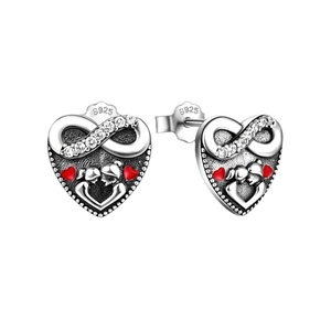 S925 sterling silver heart earrings with infinity symbol and red zircon accents